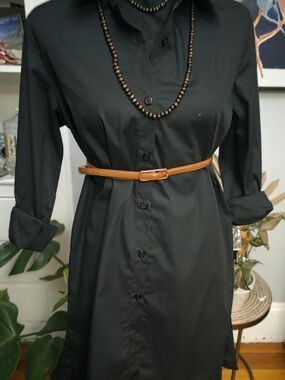 Style & Co. Black Long Sleeve Button-Front Shirt Dress with Tan Belt